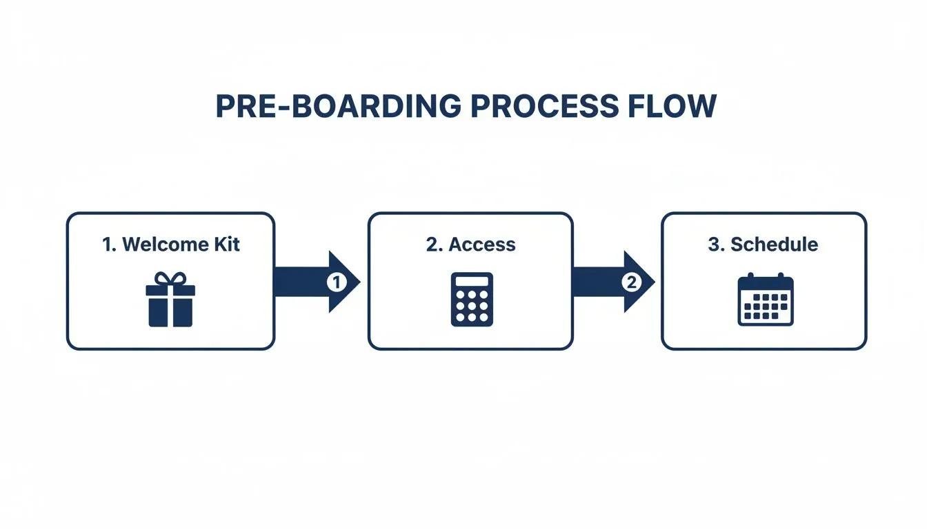 A pre-boarding process flow diagram illustrating three key steps: Welcome Kit, Access, and Schedule.