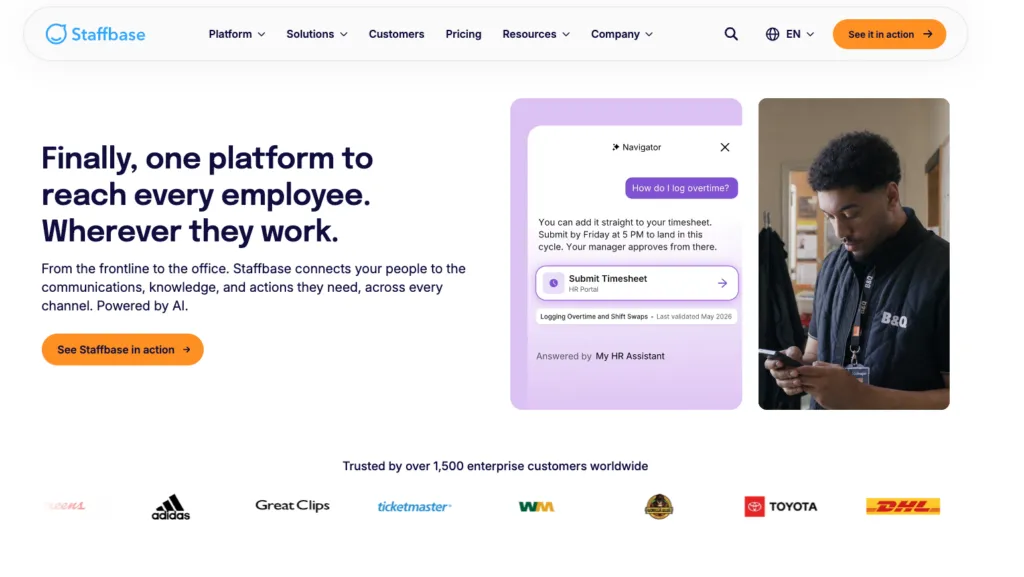 Staffbase showing its employee communications platform for reaching desk-based and frontline workers
