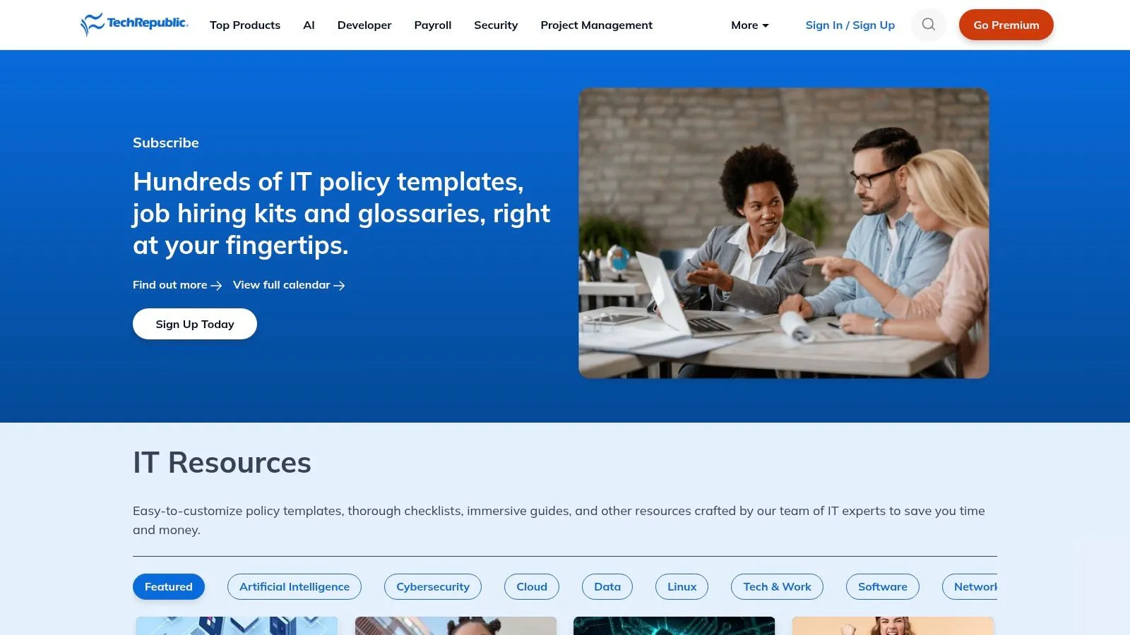 A screenshot of the TechRepublic Premium website showing a list of IT resources and policy templates.