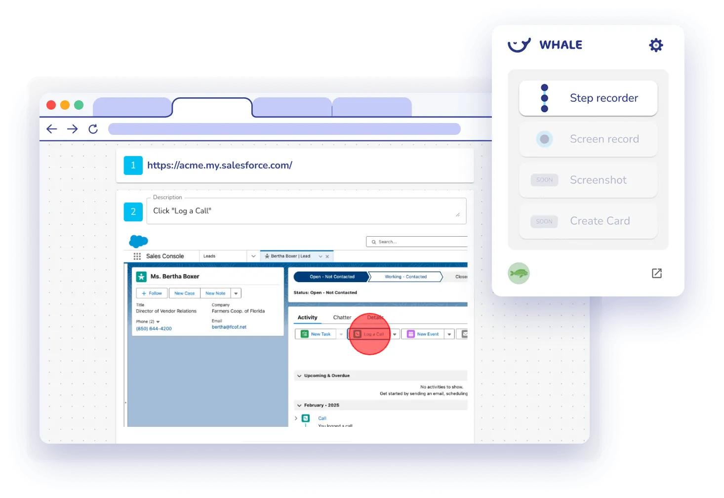 Whale Step Recorder running in a browser tab, capturing a process step by step