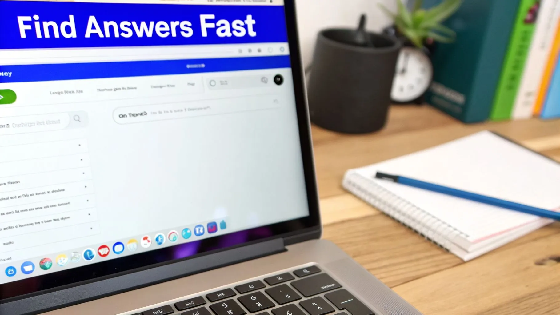 A laptop displaying a 'Find Answers Fast' webpage with a search bar on a wooden desk.