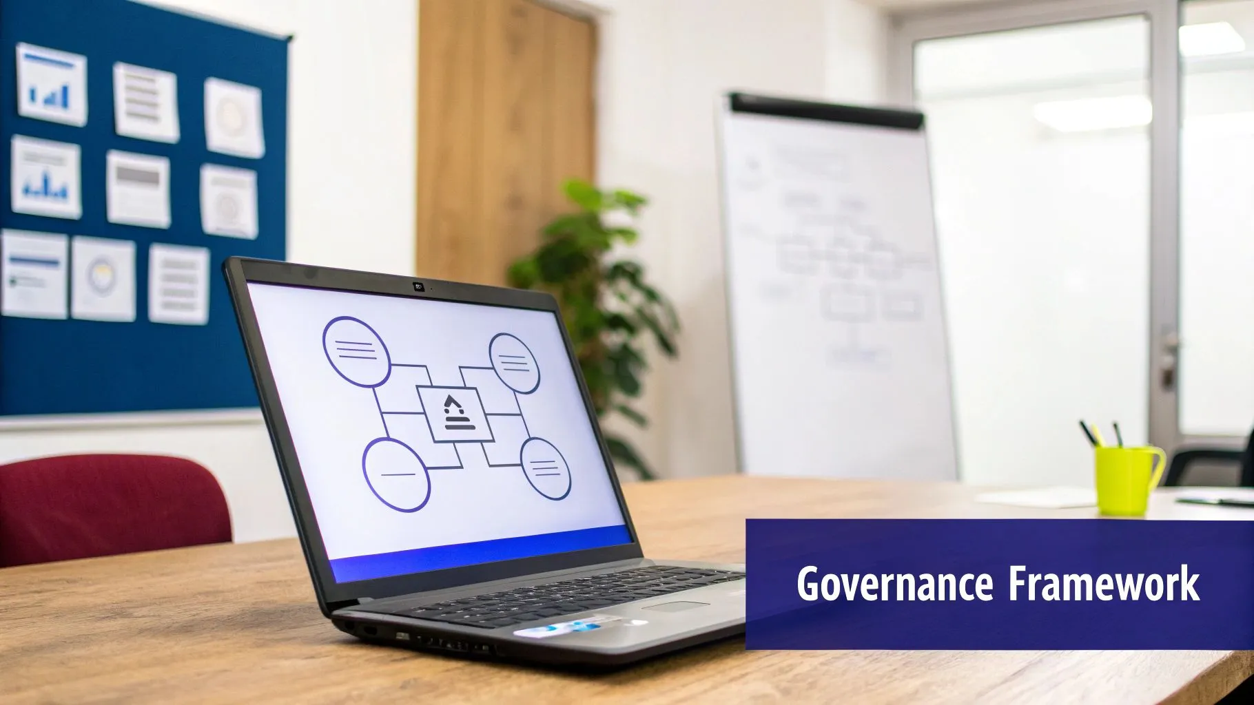 A laptop on a wooden desk displays a governance framework diagram in an office setting.