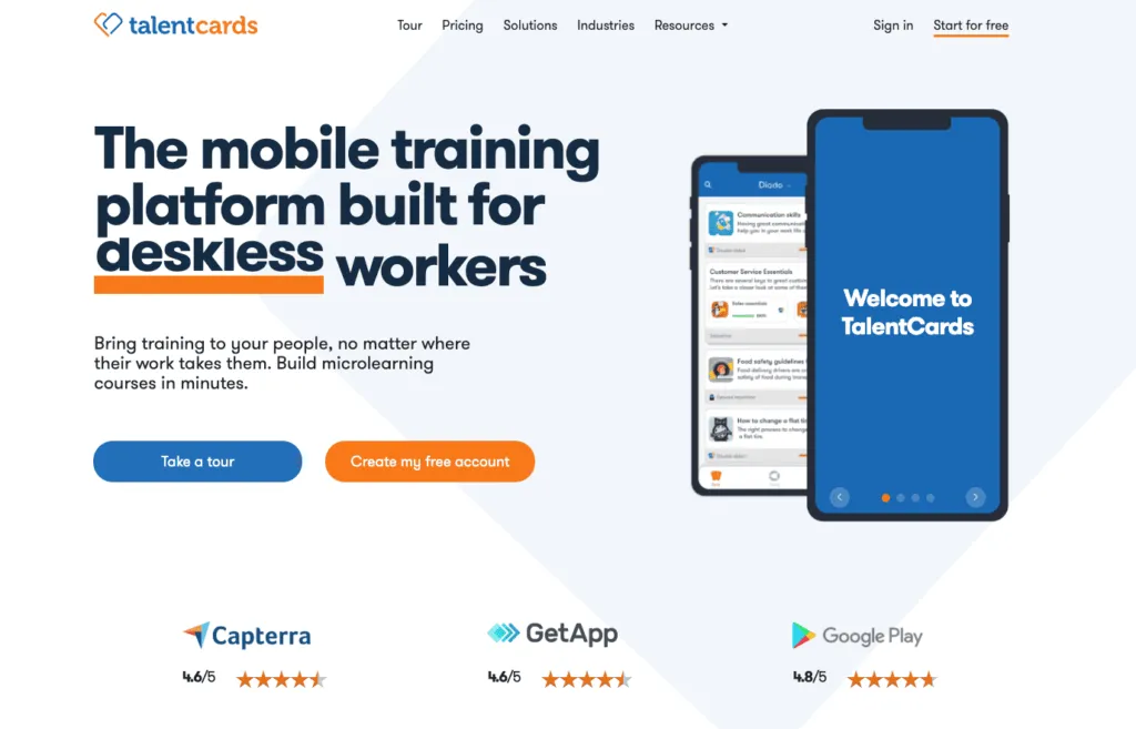 TalentCards showing mobile-first microlearning card sets for deskless teams