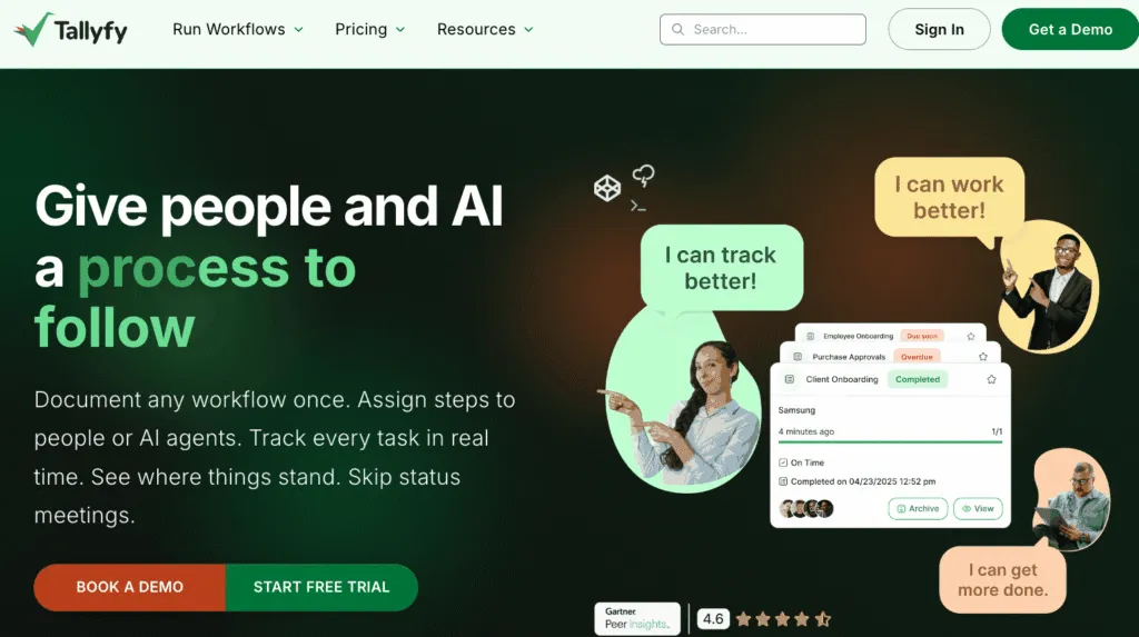 Tallyfy homepage showing real-time workflow tracking with task status and completion progress for documented processes