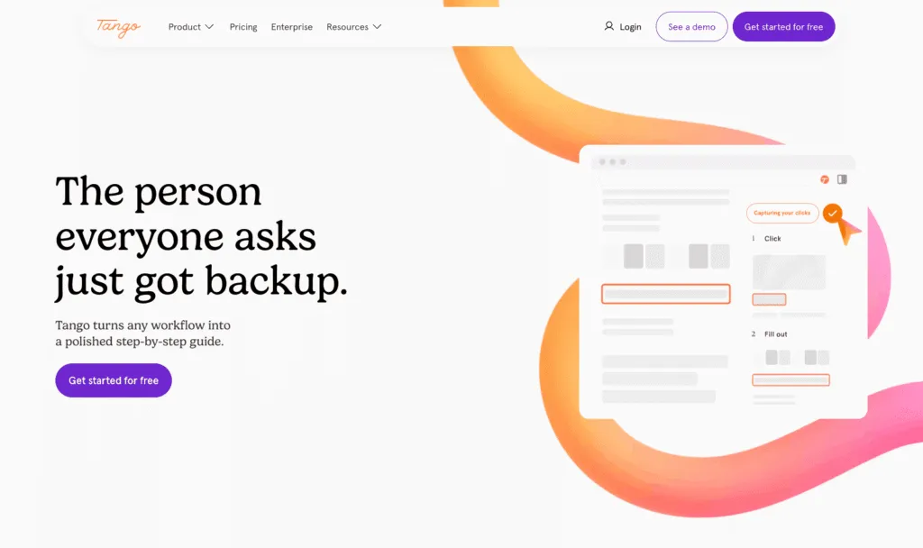 Tango homepage showing its workflow capture tool that turns clicks into a step-by-step guide