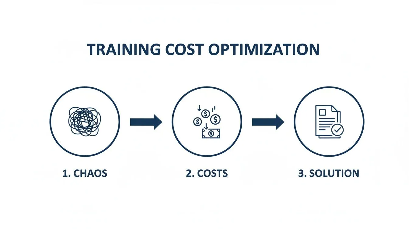 A diagram illustrates training cost optimization, moving from initial chaos to managing costs and finding a solution.