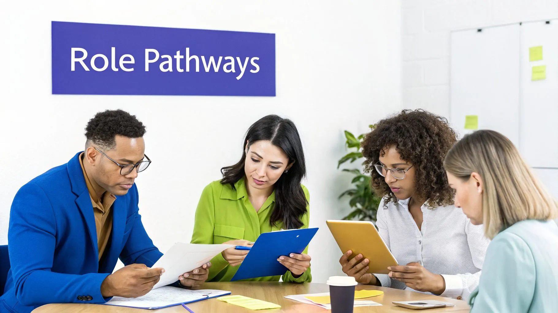 Four diverse professionals engaged in a meeting or training session, with a 'Role Pathways' sign above.