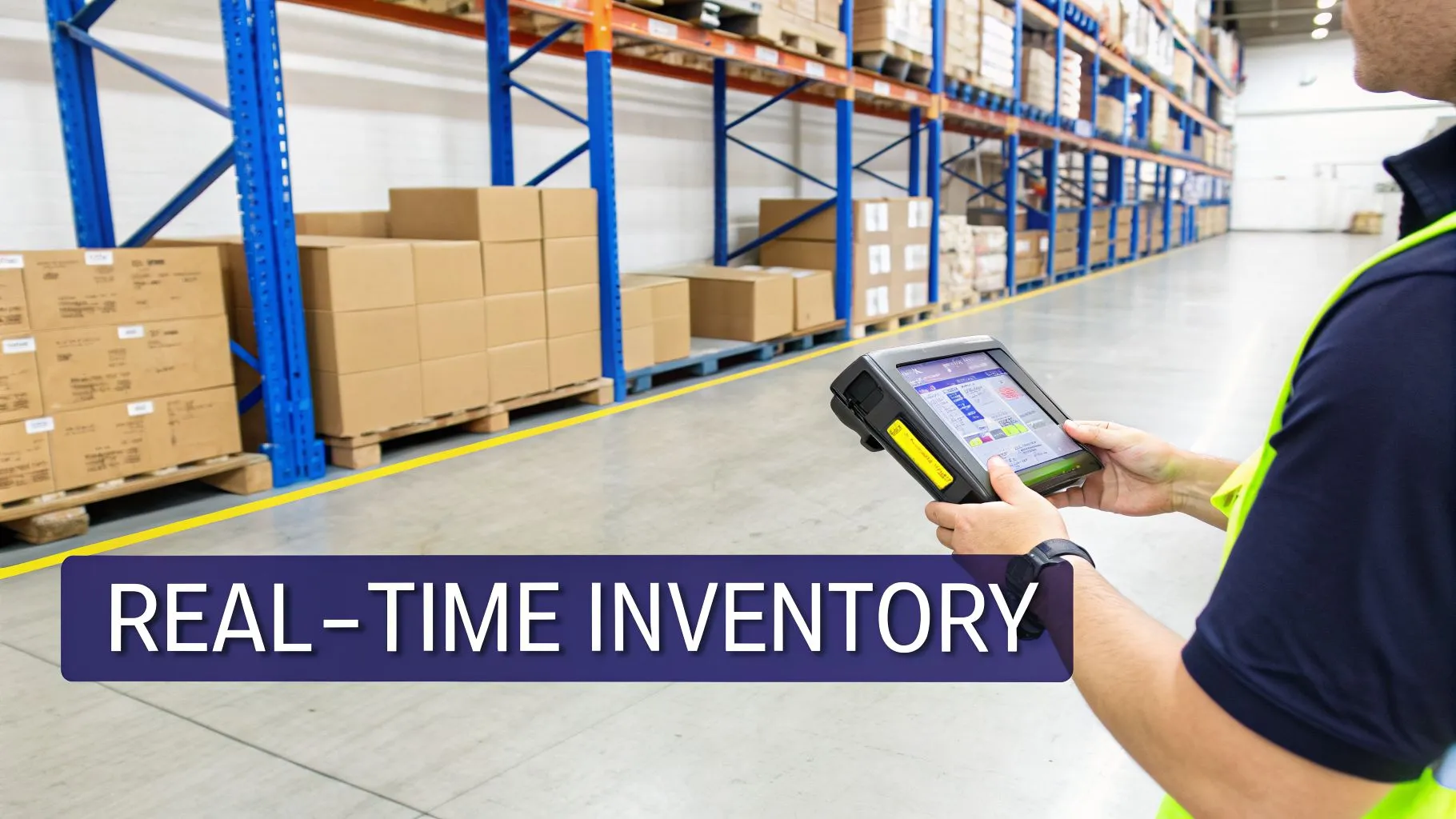 Warehouse employee using a handheld scanner for real-time inventory tracking among shelves of boxes.