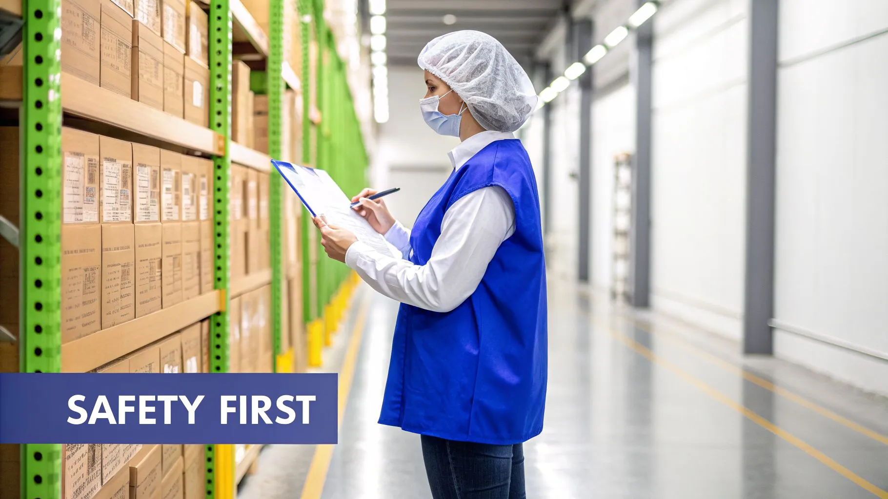 A female worker in PPE performs a safety inspection with a clipboard in a warehouse setting.