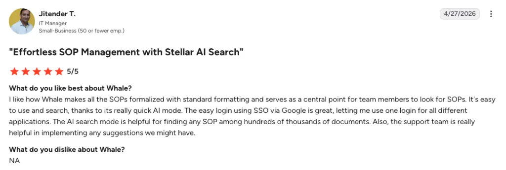 A G2 review of Whale describing its AI-assisted SOP creation