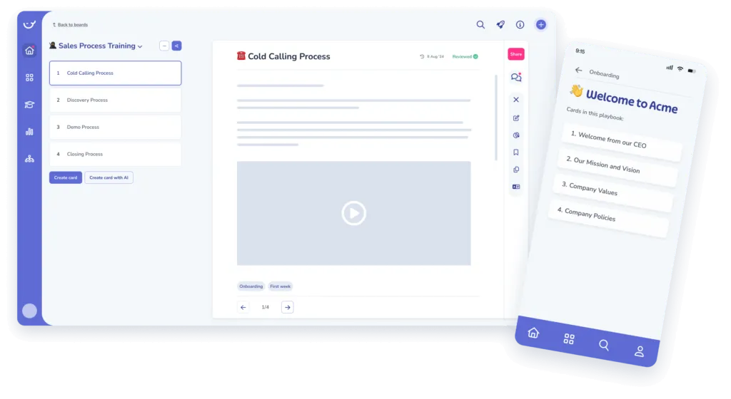 A tablet and smartphone display interfaces for employee training and onboarding respectively. The tablet shows training modules, process documentation, and a video, while the phone shows a welcome message and a list menu.