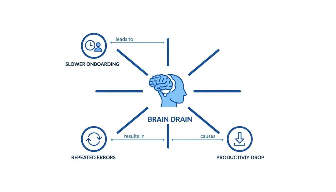An infographic showing 'Brain Drain' impacts like slower onboarding, repeated errors, and productivity drop.