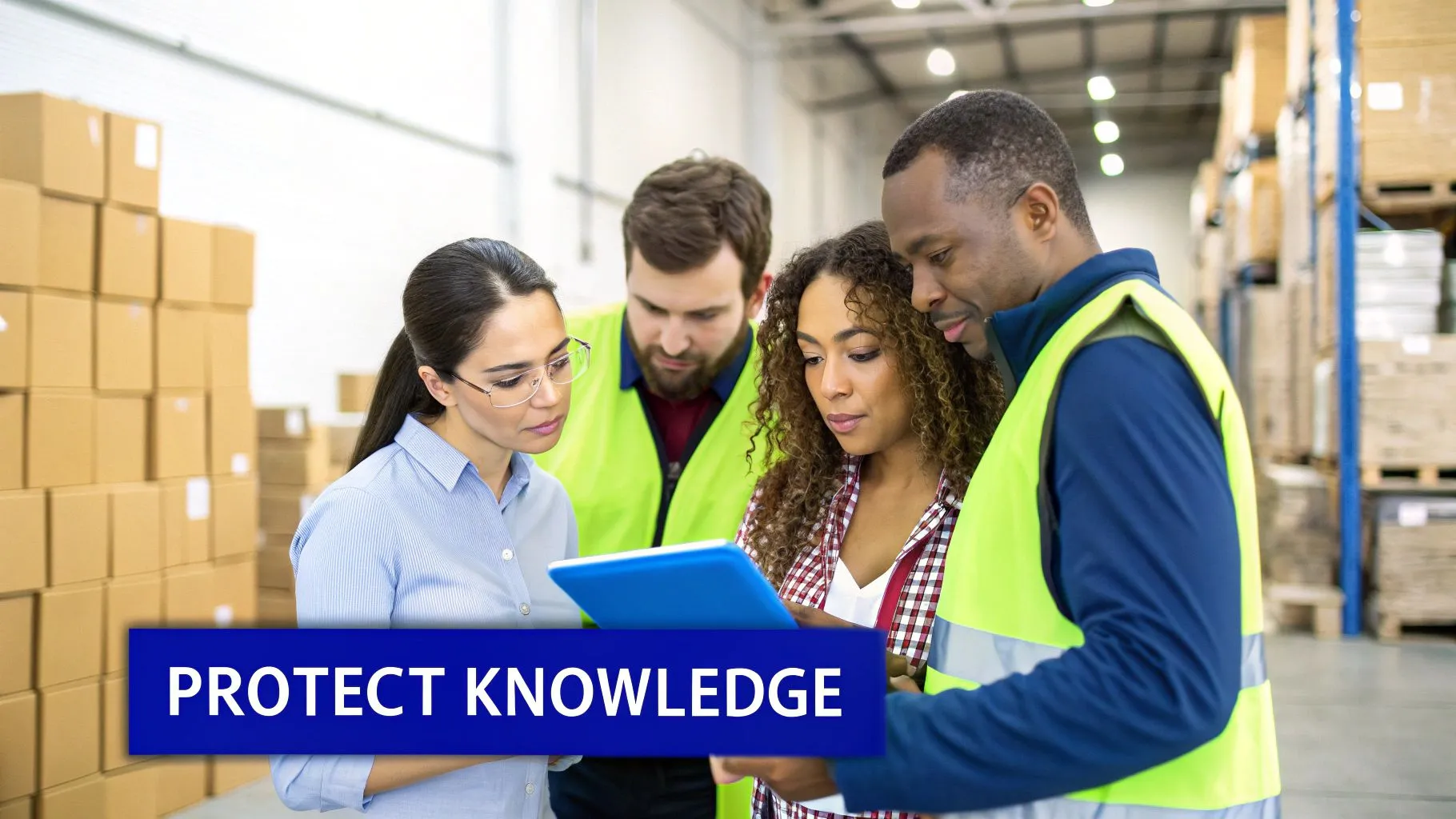Diverse team collaborating in a warehouse, looking at a tablet, with a 'Protect Knowledge' overlay.