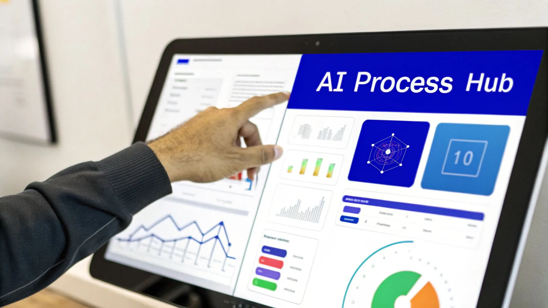 Person's hand touching a large screen displaying 'AI Process Hub' and data analytics dashboards.