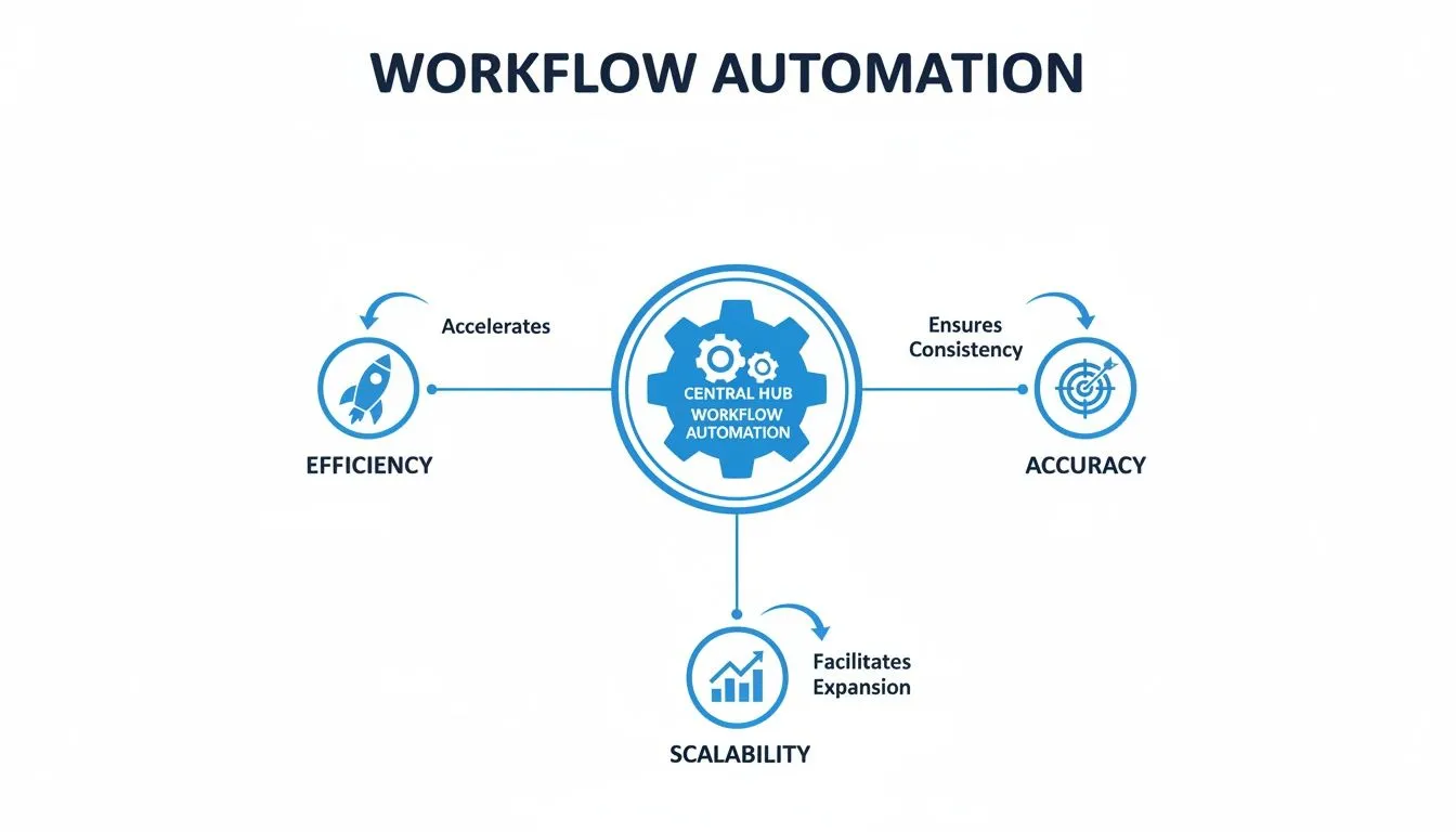 Workflow Automation diagram highlighting its benefits: efficiency, accuracy, and scalability for businesses.