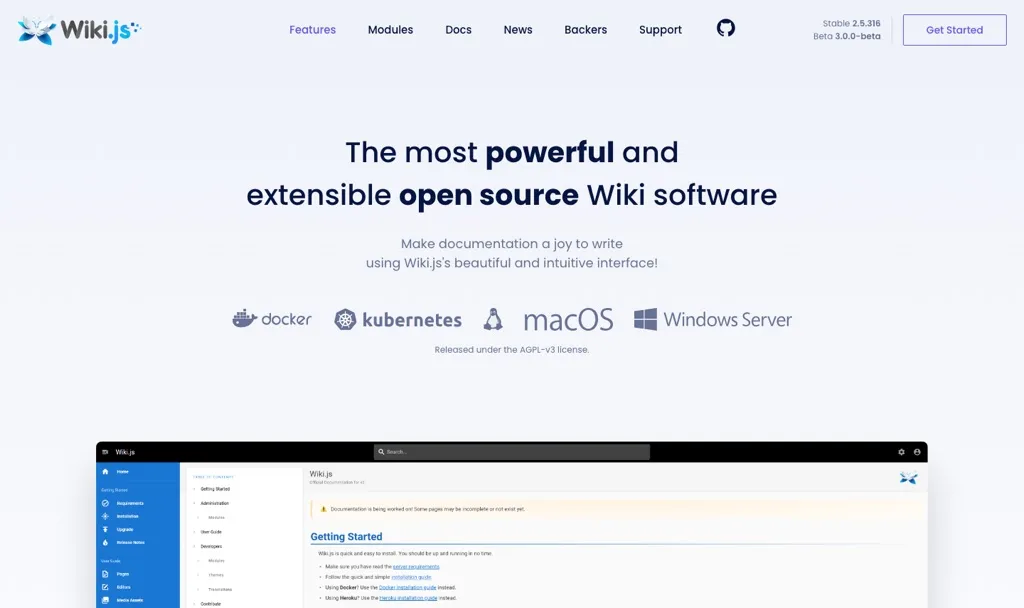 Wiki.js homepage showing its open source wiki software