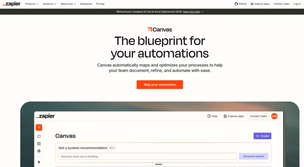 Zapier Canvas showing a visual map of a business process alongside the automations that run it