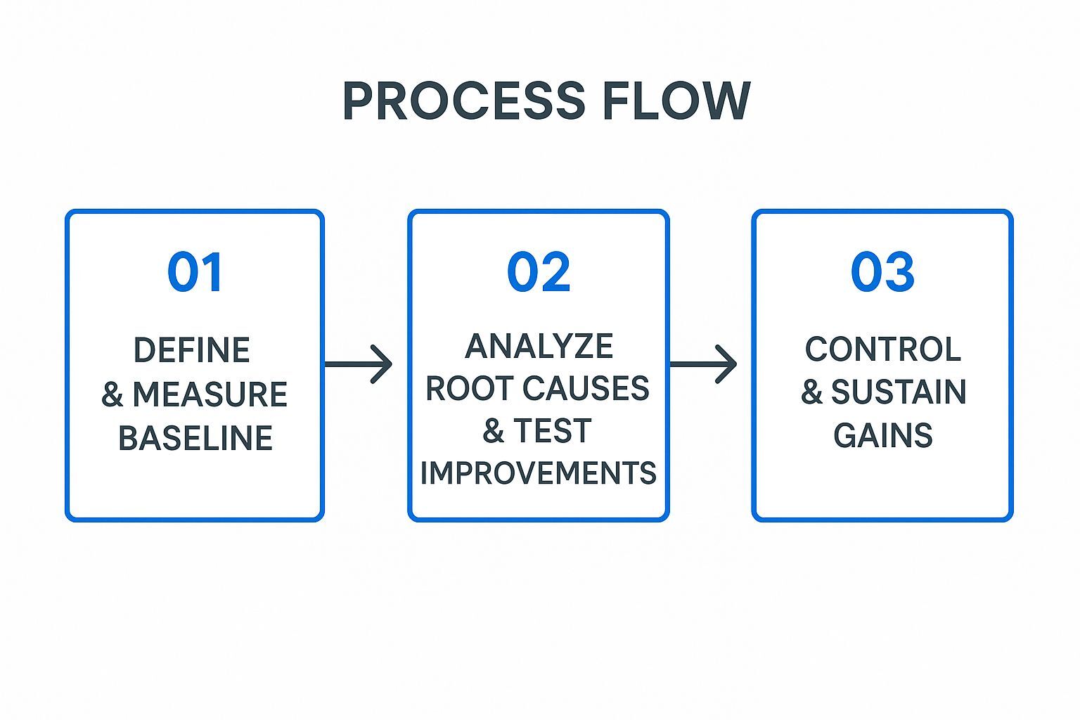 Infographic showing key data about DMAIC (Define, Measure, Analyze, Improve, Control)