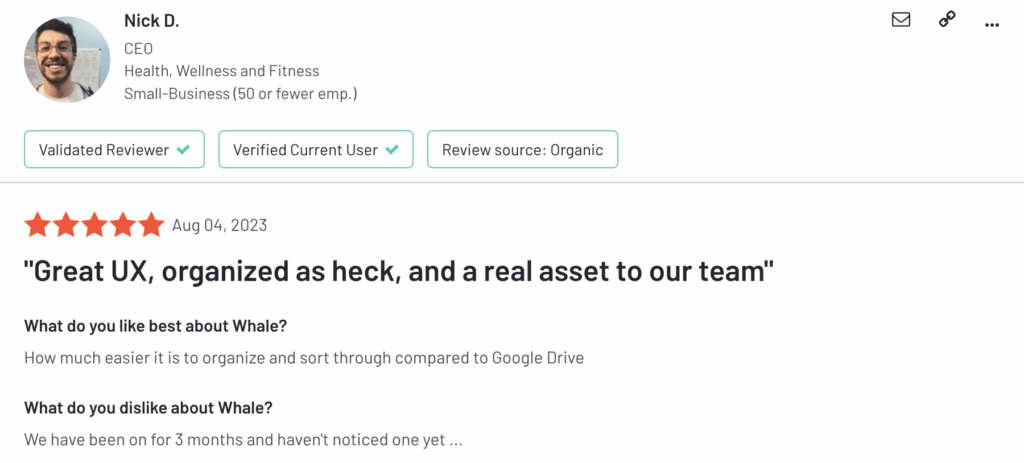 A screenshot of a Whale review on G2