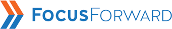 Logo with the text "FOCUS FORWARD" and an icon consisting of three arrows pointing to the right in orange and blue, symbolizing streamlined onboarding.