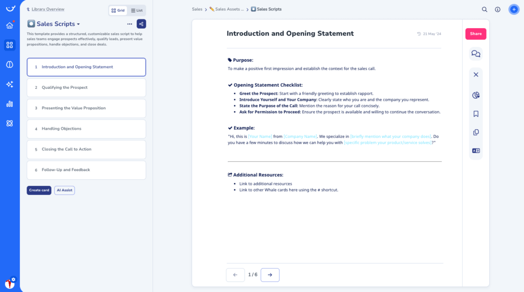 Sales Script Template in Whale