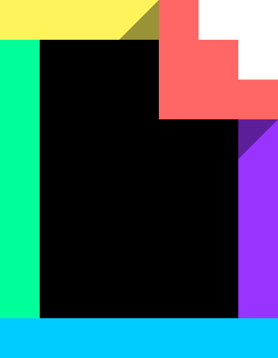 An abstract image featuring a large black square in the center, surrounded by green, yellow, red, purple, blue, and brown geometric shapes—reminiscent of employee training materials that creatively blend essential onboarding elements.