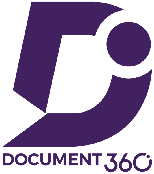 A purple logo with the text "DOCUMENT360" underneath a geometric design incorporating the letter 'D' and a circular shape, symbolizing streamlined process documentation.