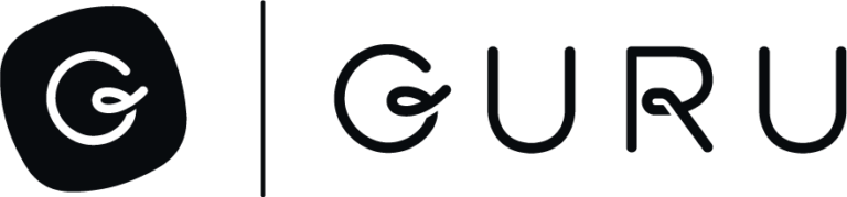 Guru logo featuring a stylized "G" in a circular shape on the left, accompanied by the word "GURU" in bold uppercase letters to the right, embodies efficiency akin to well-crafted process documentation.