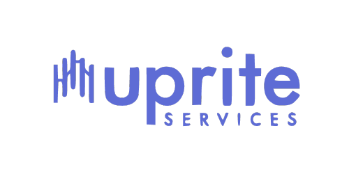 Logo for Upright Services featuring stylized blue text with three stacked lines to the left of the word "uprite".