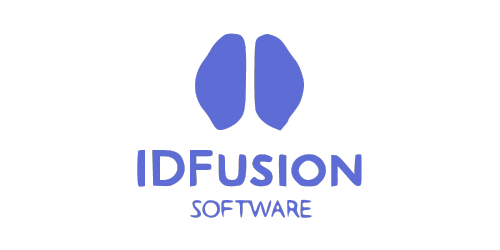 Logo of IDFusion Software, featuring two blue abstract shapes above the company name in blue text on a black background.