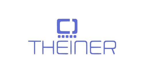 The image showcases a logo with the word "THEINER" in blue, futuristic-style font. Above the text is an abstract blue design resembling a stylized microchip or network symbol.