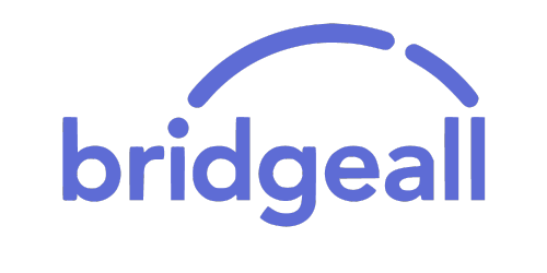 Logo featuring the word "bridgeall" in lowercase blue text, with a minimalist blue arc design above the letters "g" and "e".