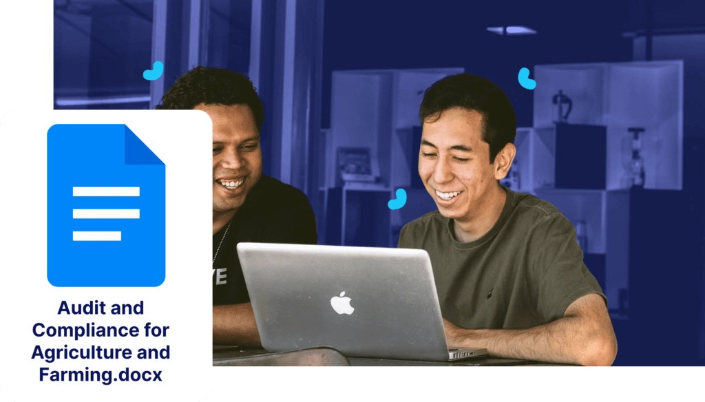 Two people beaming at a laptop screen, where a document icon labeled "Compliance in Agriculture and Farming.docx" sits on the left.