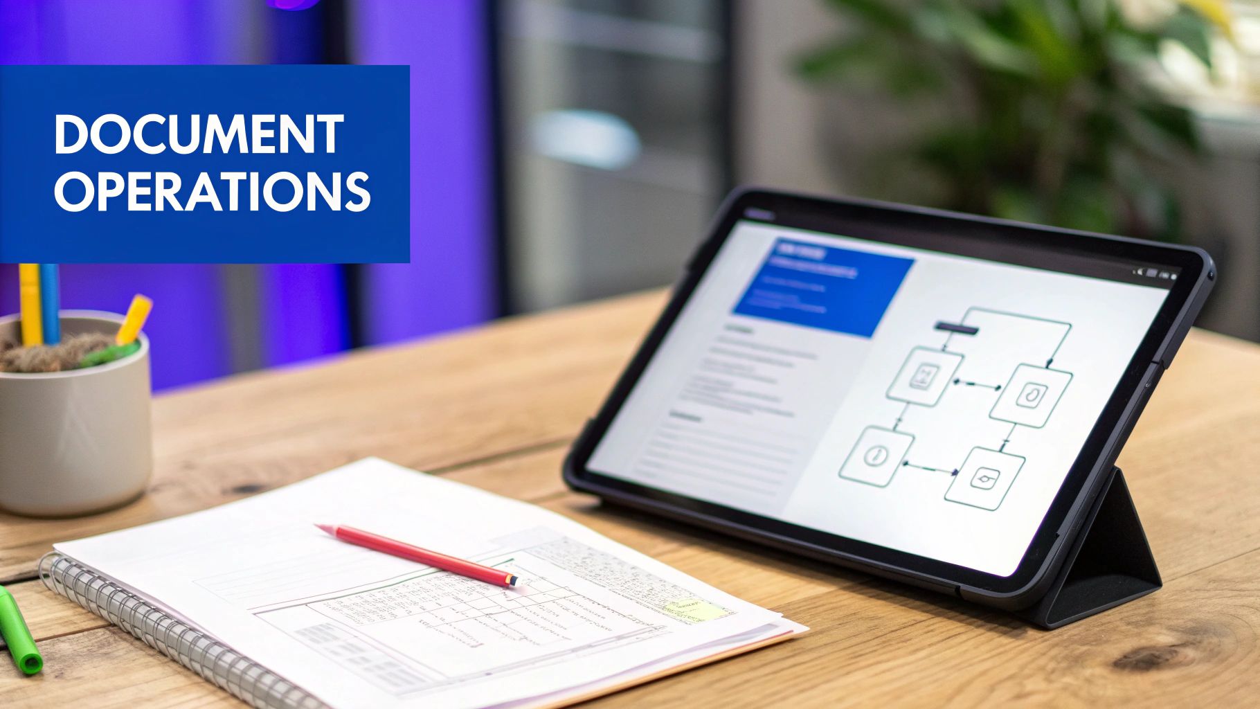 A workspace with a tablet showing a flowchart, notebook, and 'DOCUMENT OPERATIONS' text.