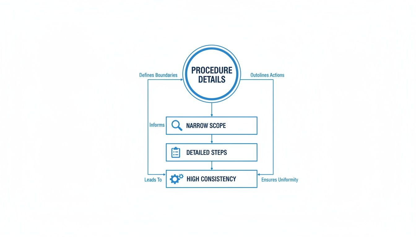 A flowchart illustrating procedure details, leading to narrow scope, detailed steps, and high consistency.