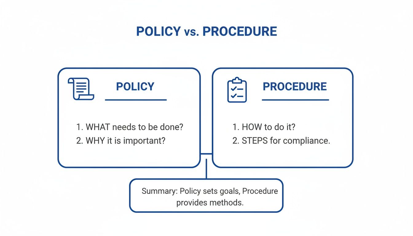A comparison chart highlighting the difference between policy and procedure with definitions and a summary.