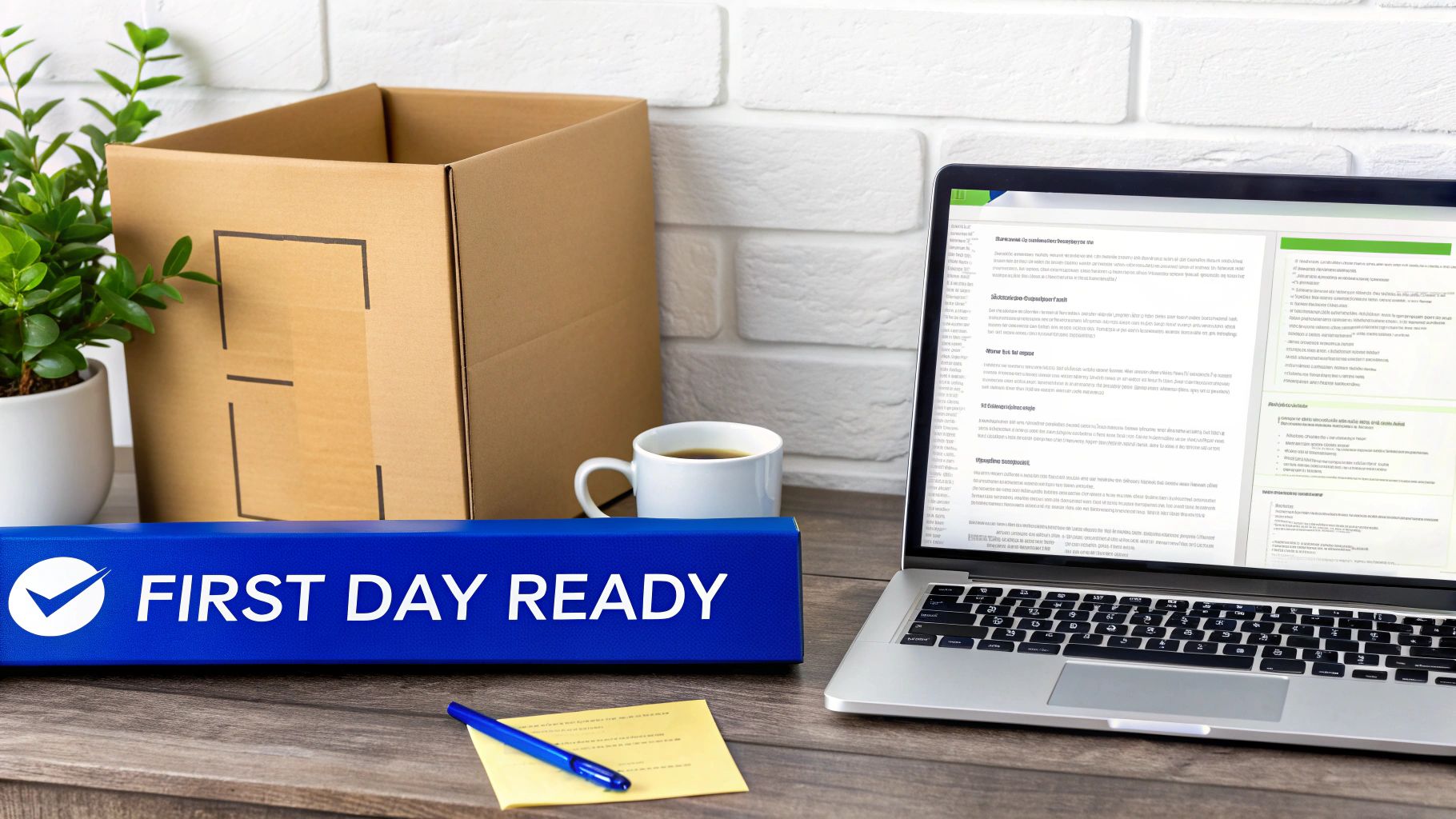 A desk with an open box, laptop, coffee, and a 'First Day Ready' sign for employee onboarding.