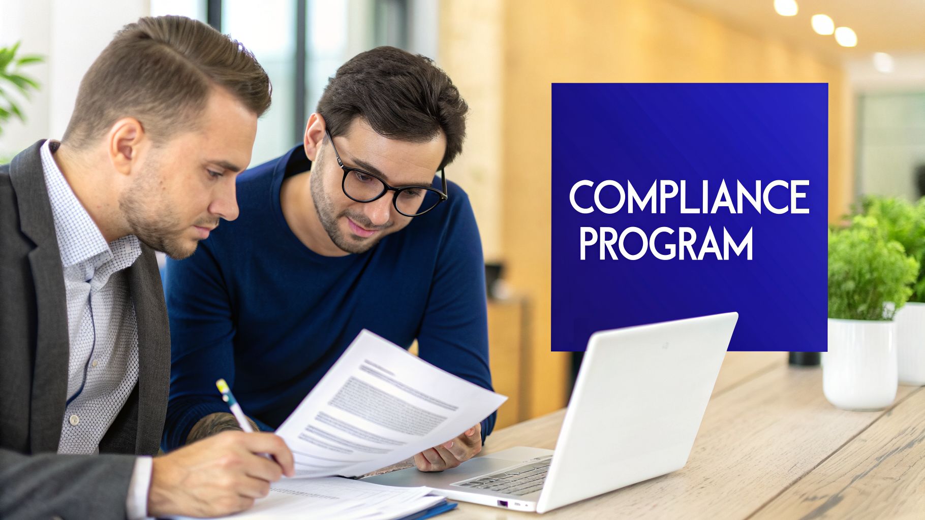 Business professionals reviewing financial documents and a laptop for a compliance program.