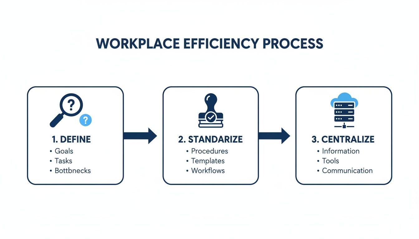 Infographic shows a 3-step workplace efficiency process: define, standardize, and centralize with key actions.