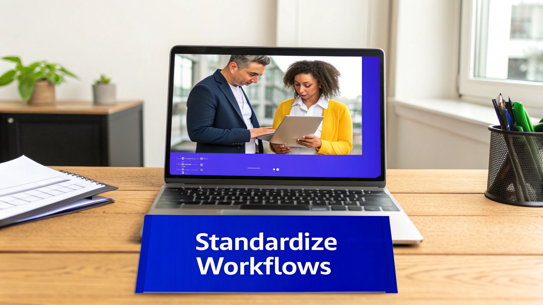 A laptop on a desk showing two business colleagues collaborating on a tablet, with a sign reading 'Standardize Workflows'.