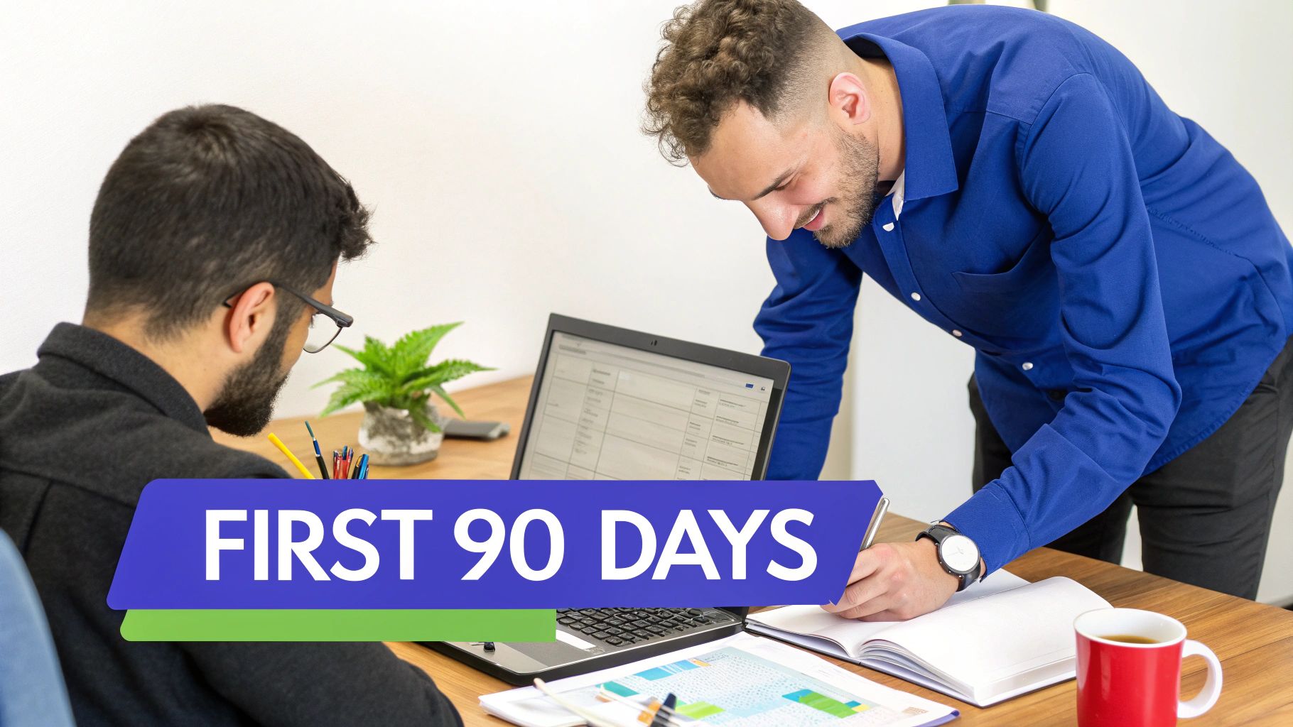 Two men in an office collaborating, one writing in a notebook, the other using a laptop, with 'FIRST 90 DAYS' text.