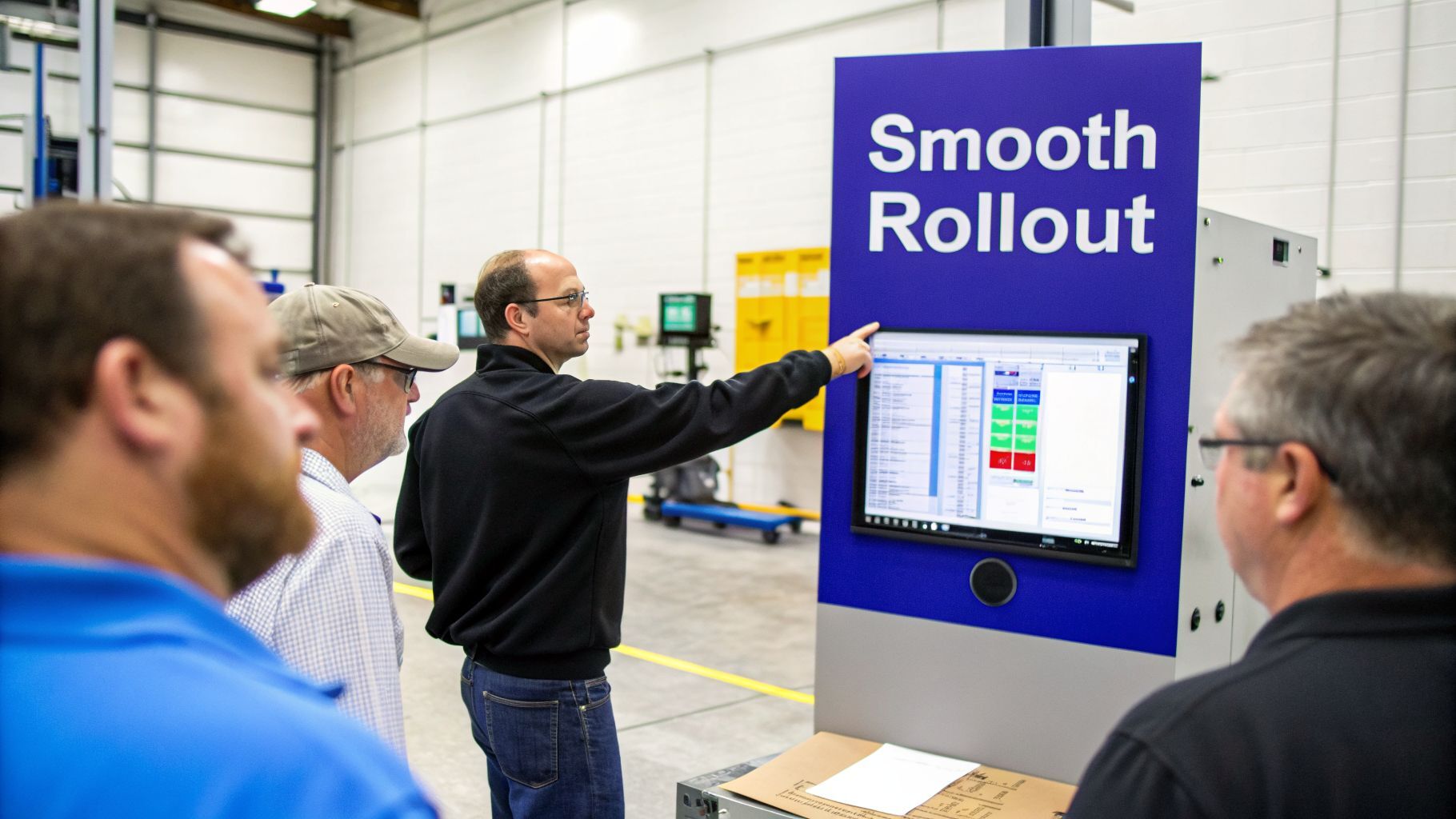 Man explains manufacturing data on a 'Smooth Rollout' monitor to colleagues in a factory setting.
