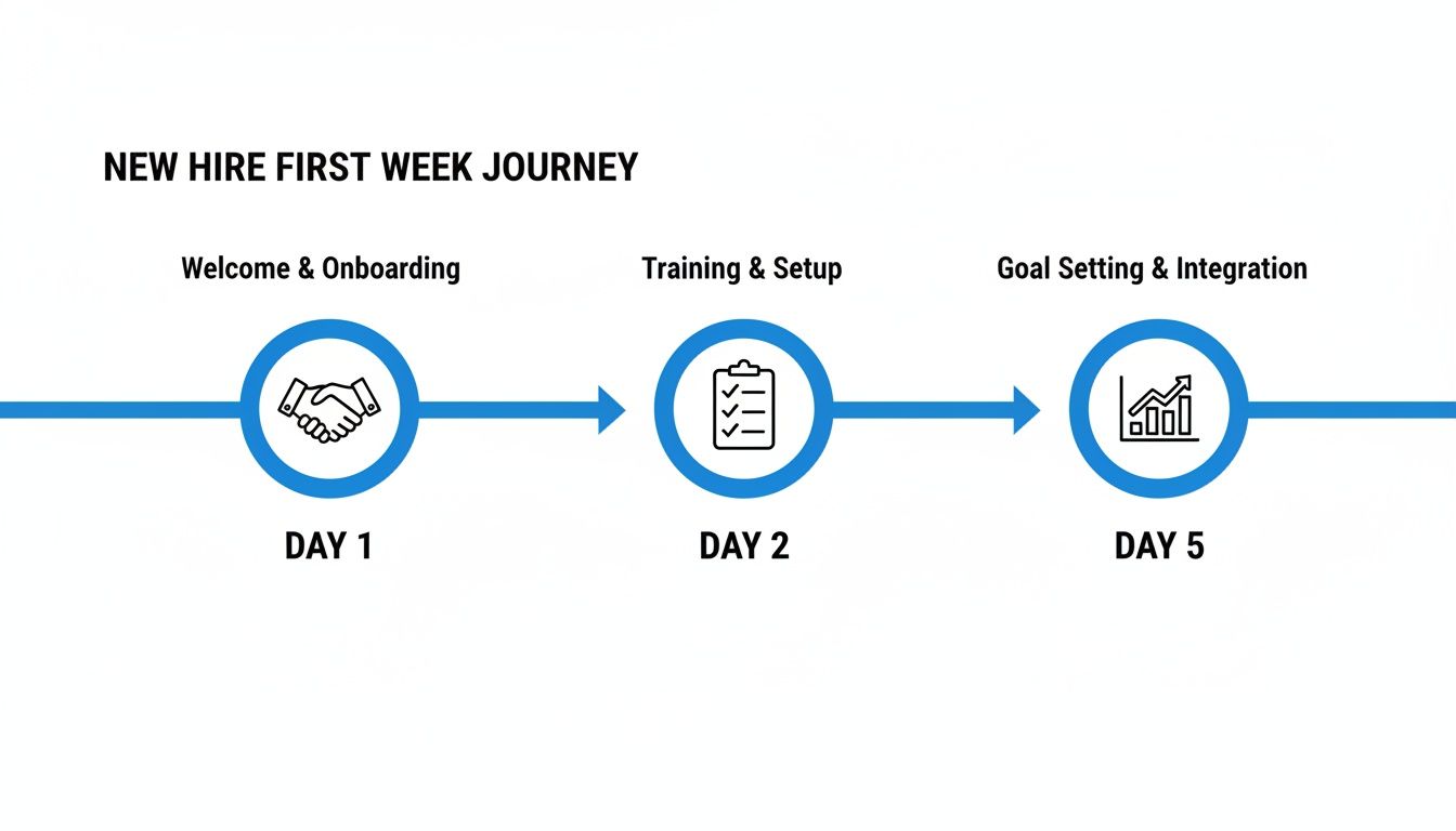 Timeline illustrating a new hire's first week journey: Day 1 welcome, Day 2 training, Day 5 goal setting.