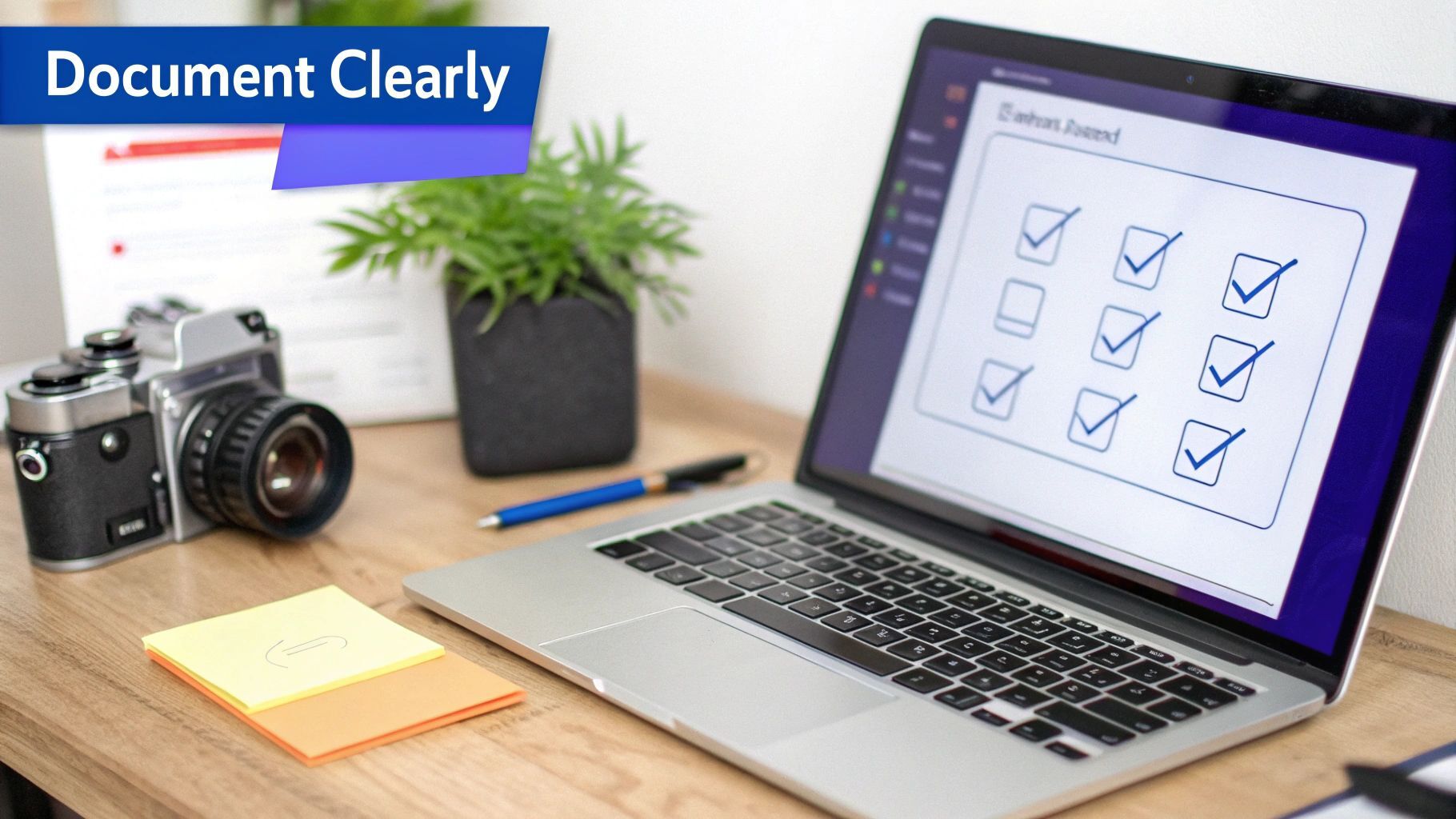 Laptop displaying a checklist, vintage camera, sticky notes, and plant on a wooden desk.