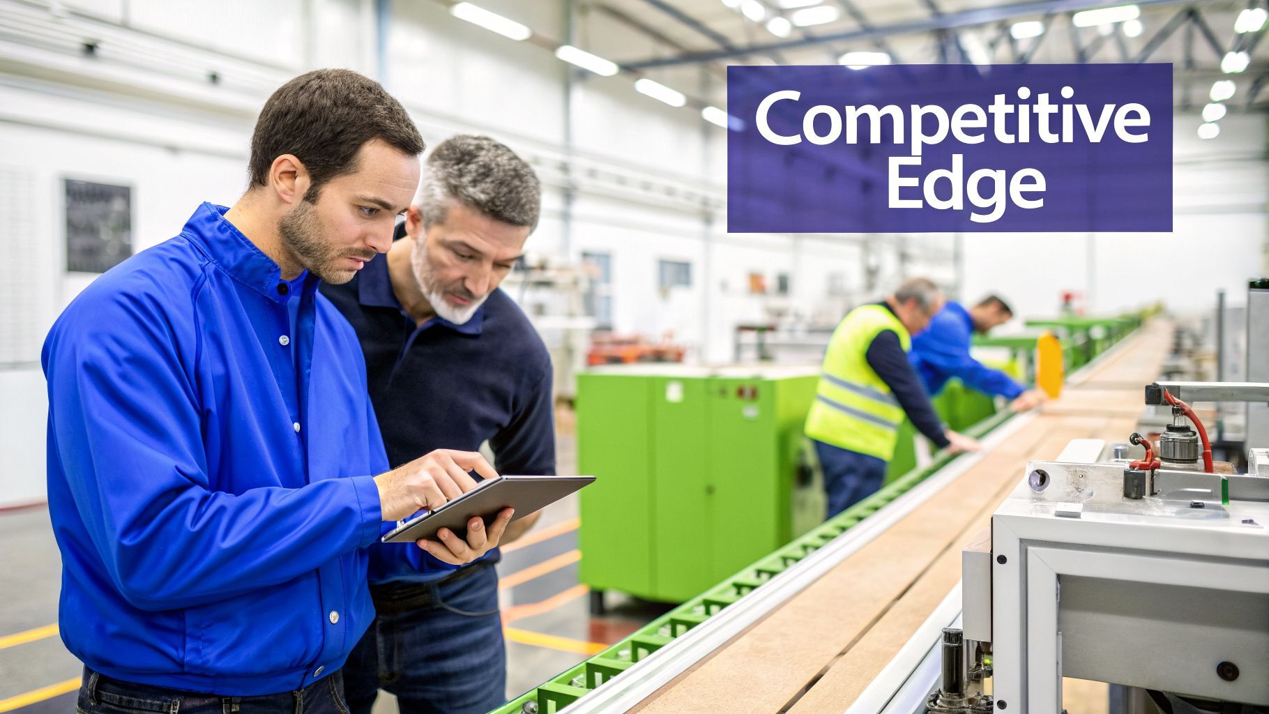 Men in a manufacturing plant reviewing data on a tablet, symbolizing a competitive edge.