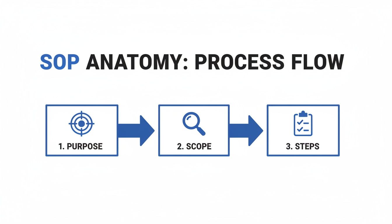 SOP anatomy process flow diagram showing purpose, scope, and steps with icons.