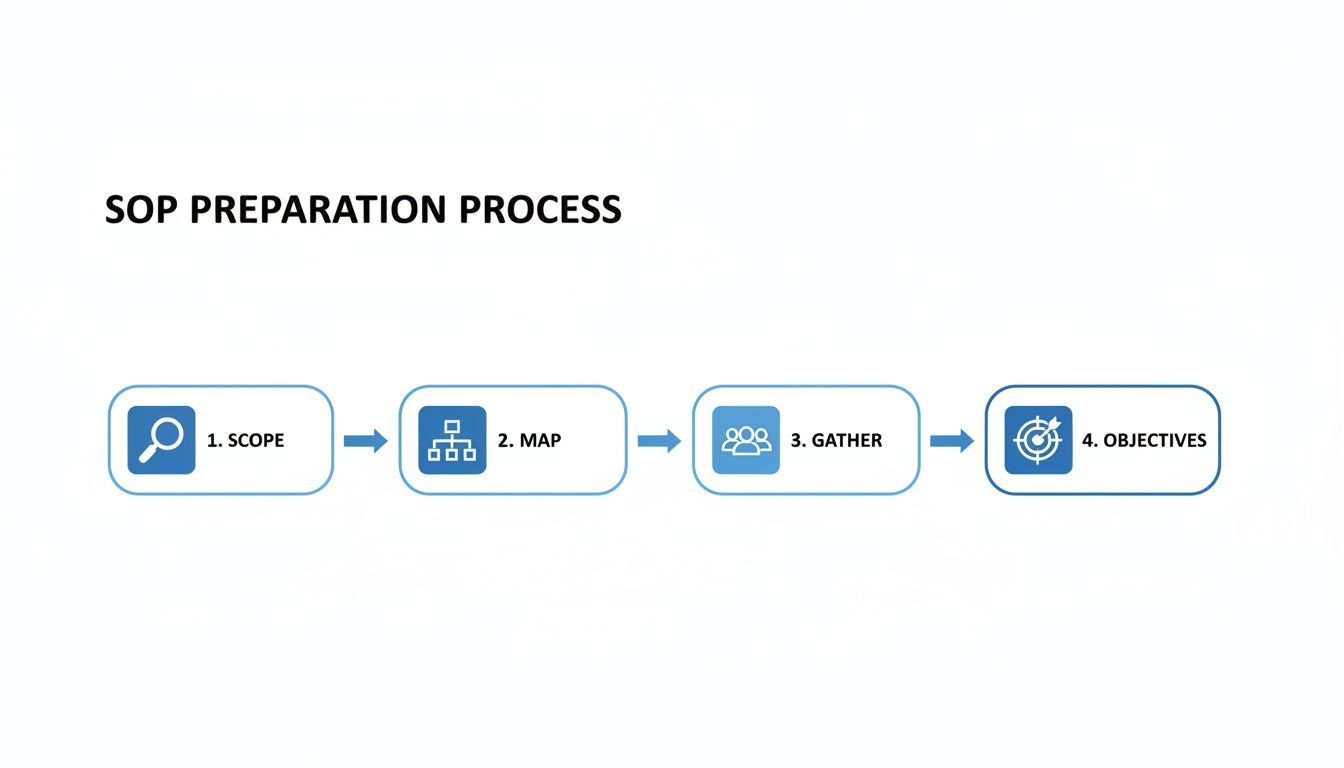 Flowchart illustrating the SOP preparation process, outlining steps: Scope, Map, Gather, and Objectives.