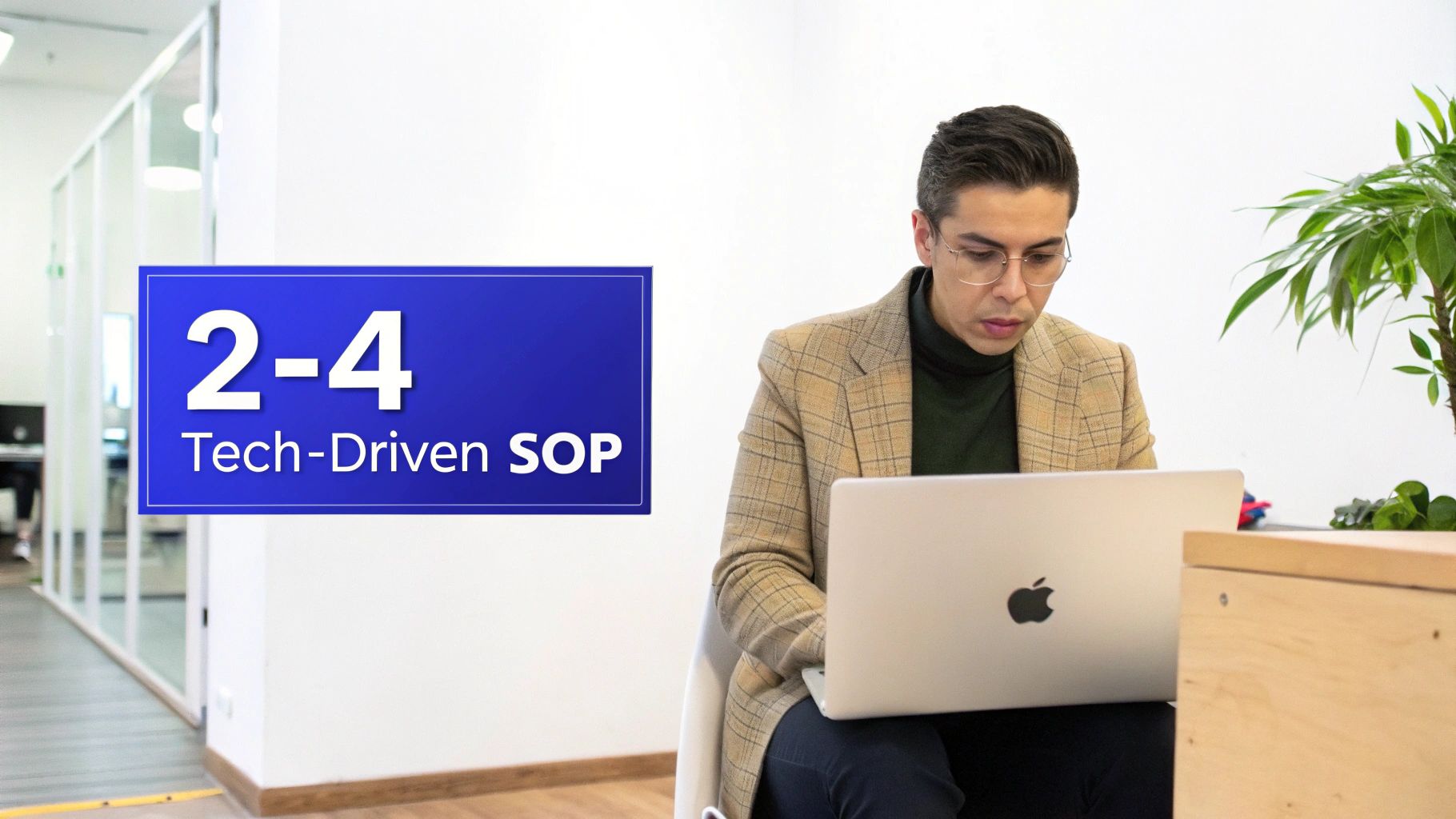 A man in glasses works on a laptop in an office, with a blue sign reading '2-4 Tech-Driven SOP'.