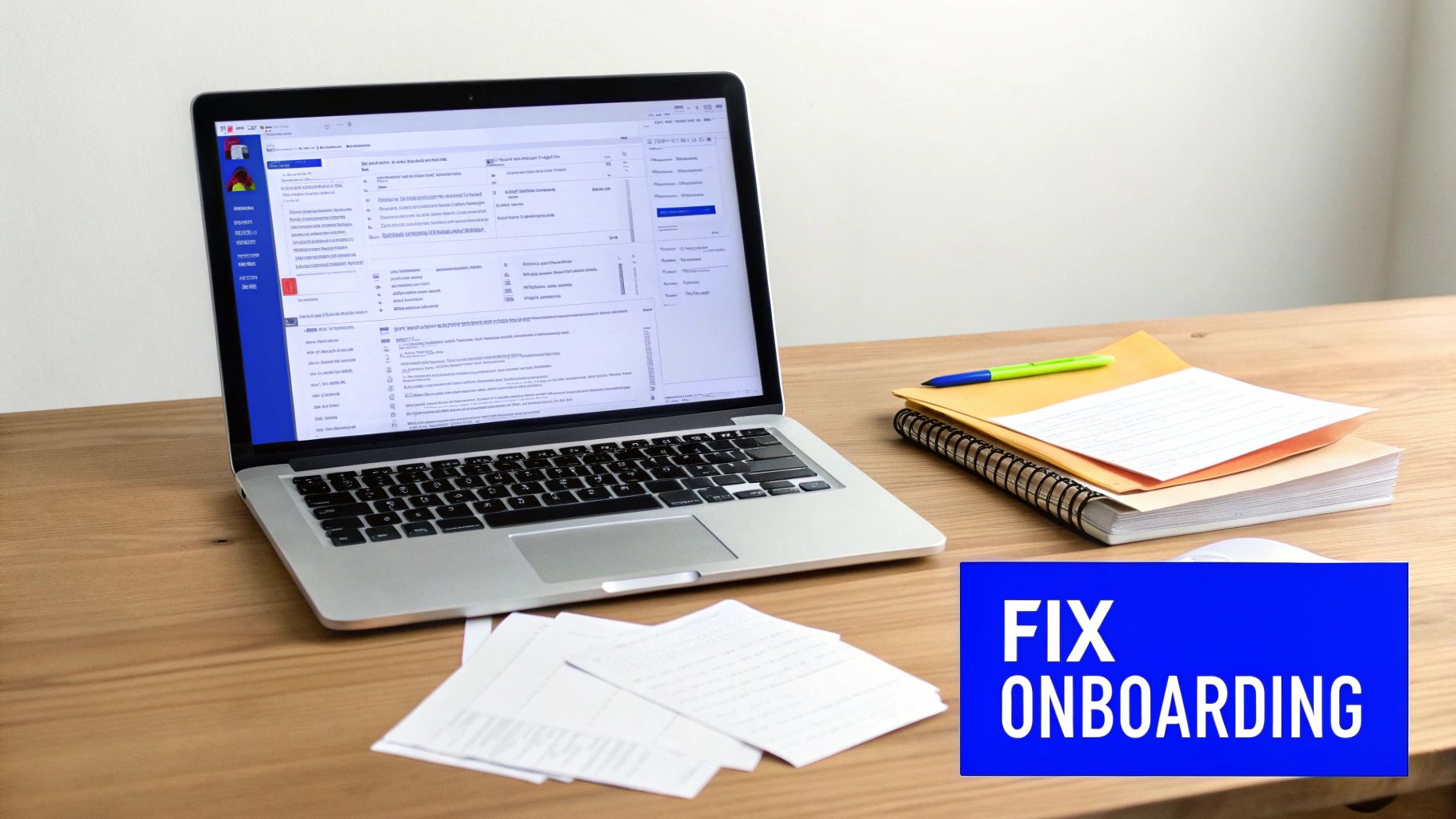 A laptop displaying a work application, papers, and a notebook on a wooden desk with "FIX ONBOARDING" text.