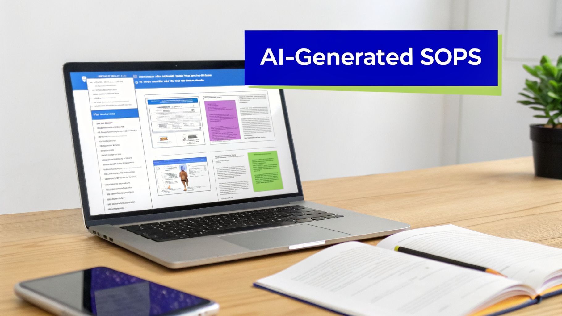 Laptop displaying AI-generated SOPs documents, with a notebook, pencil, and smartphone on a wooden desk.